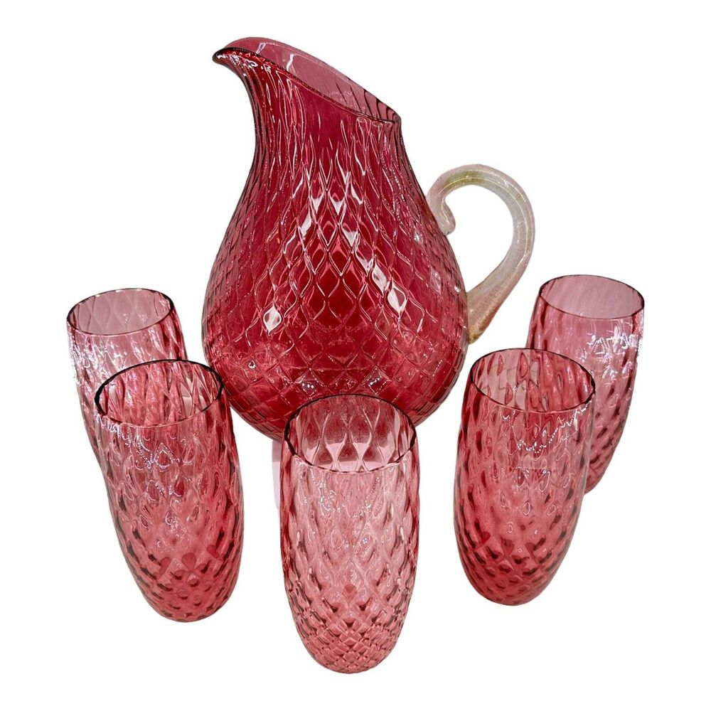 Diamond Quilted Blown Glass Cranberry Gold Fleck Handle Pitcher & 5 Glasses VTG